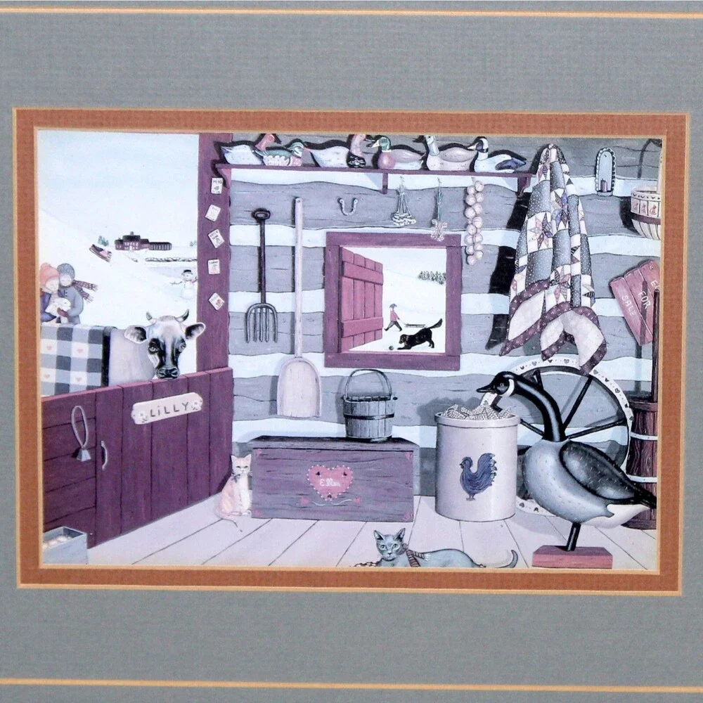 Folk Art USA USPS Stamps + Card Framed Pennsylvania Toleware decor primitive